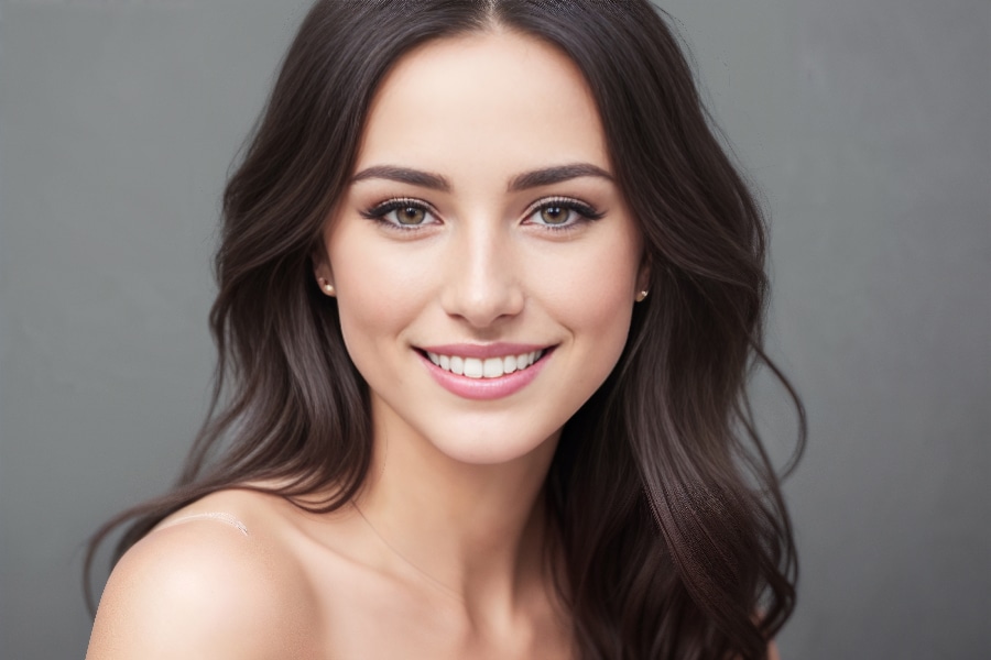 Beautiful woman brunette beauty close up portrait on gray backgr