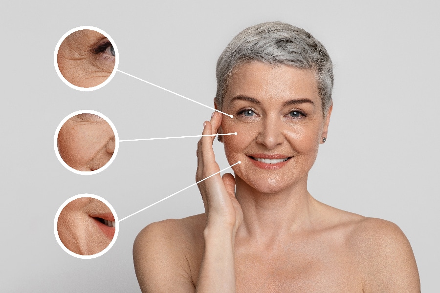 Aged Skin Care. Collage of beautiful mature woman with zoomed wrinkles zones